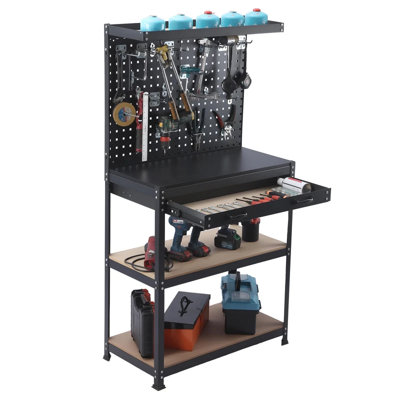 Relaxdays Workbench, HBT: 156 x 81 x 41 cm, 3 levels, with drawer, perforated wall and accessories, steel and MDF, workshop shelf, black