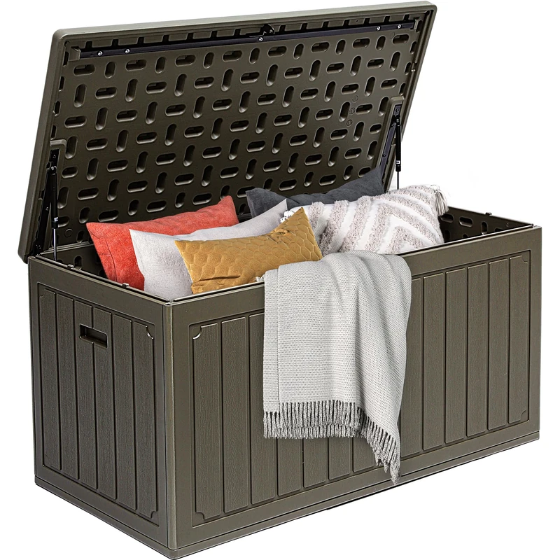 DWVO 340L Resin Outdoor Storage Box, Double-Wall Waterproof Deck Box with Wood Texture, Lockable Garden Storage that Doubles as Table or Bench (450 lbs Capacity)–Light Brown