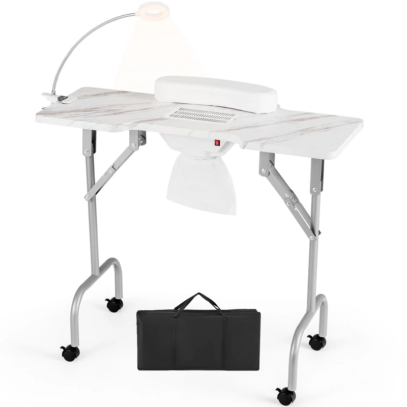 RELAX4LIFE Portable Manicure Nail Table, Mobile Folding Nail Technician Workstation with Dust Collector, LED Lamp, Removable Wrist Cushion, Carry Bag, Professional Beauty Desk (White, 90 x 40 x 77cm)