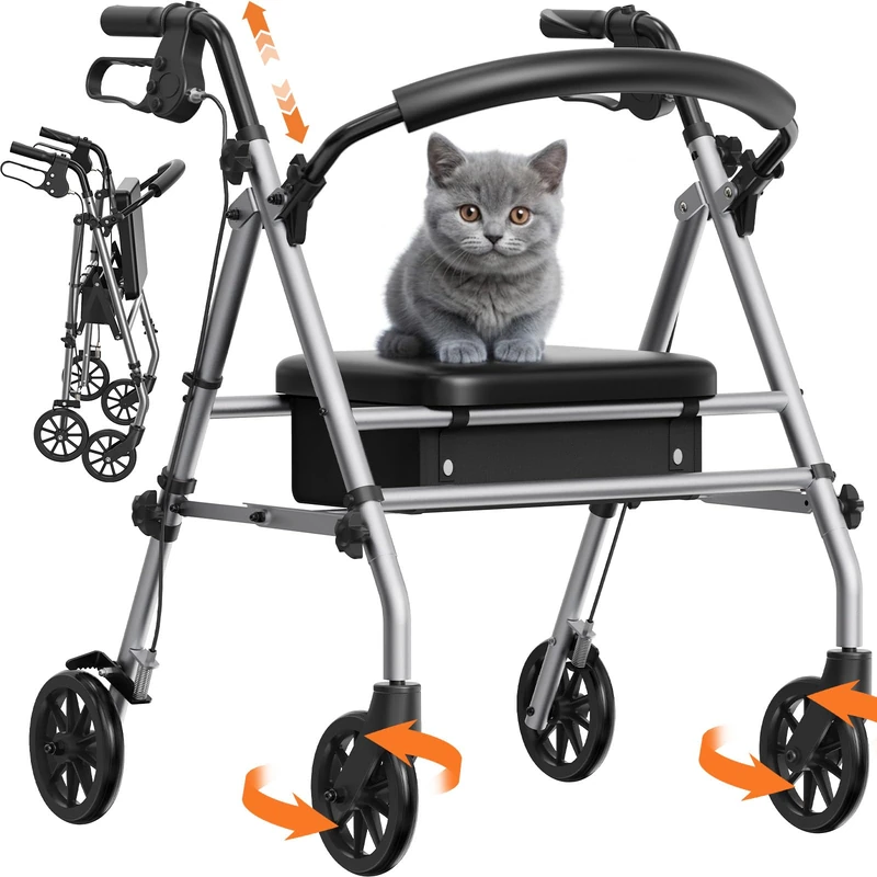 Luckfaith Folding Rollator Walker with Seat for Seniors, 4 Wheel Mobility Walker Supports 348 lbs, Adjustable Walking Aid with Dual Brakes, Padded Seat, Backrest for Daily Travel, Sliver