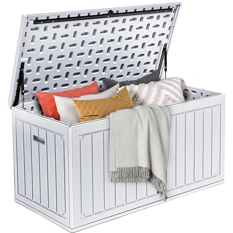DWVO 340L Resin Outdoor Storage Box, Double-Wall Waterproof Deck Box with Wood Texture, Lockable Garden Storage that Doubles as Table or Bench (450 lbs Capacity)–White
