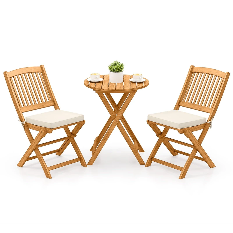 GiantexUK 3PCS Folding Outdoor Bistro Set, Acacia Wood Round Patio Table and 2 Chairs with Cushions, Garden Dining Furniture Set for Patio Balcony Poolside (Cream)