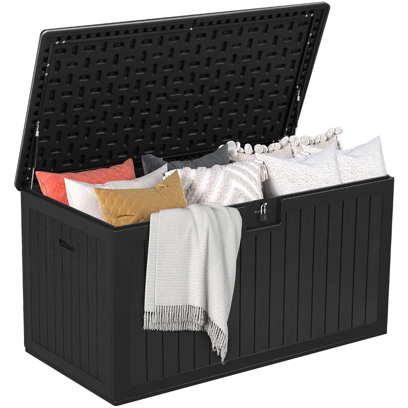 DWVO 567.8L Resin Outdoor Storage Box, Double-Wall Waterproof Deck Box with Wood Texture, Lockable Garden Storage that Doubles as Table or Bench (1000 lbs Capacity)–Black - Image 1