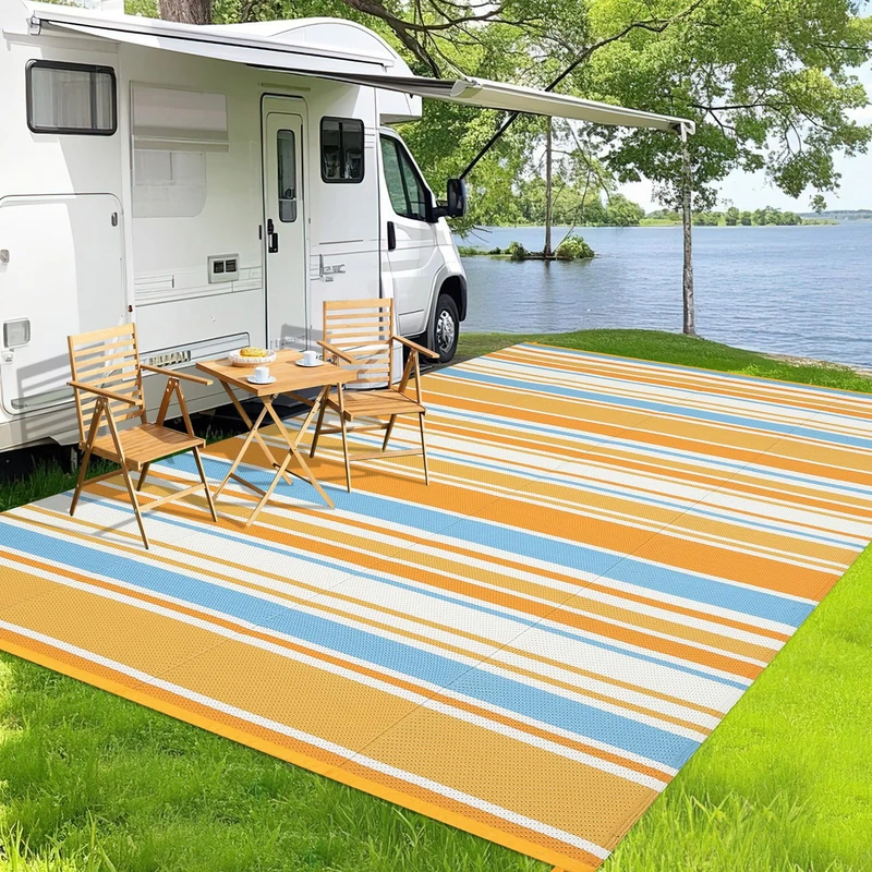 Garvee 244 x 305 cm Waterproof Outdoor Rug Made of Plastic Straw, Modern Striped Outdoor Camping Rug for Patio, Porch, Balcony (Reversible)