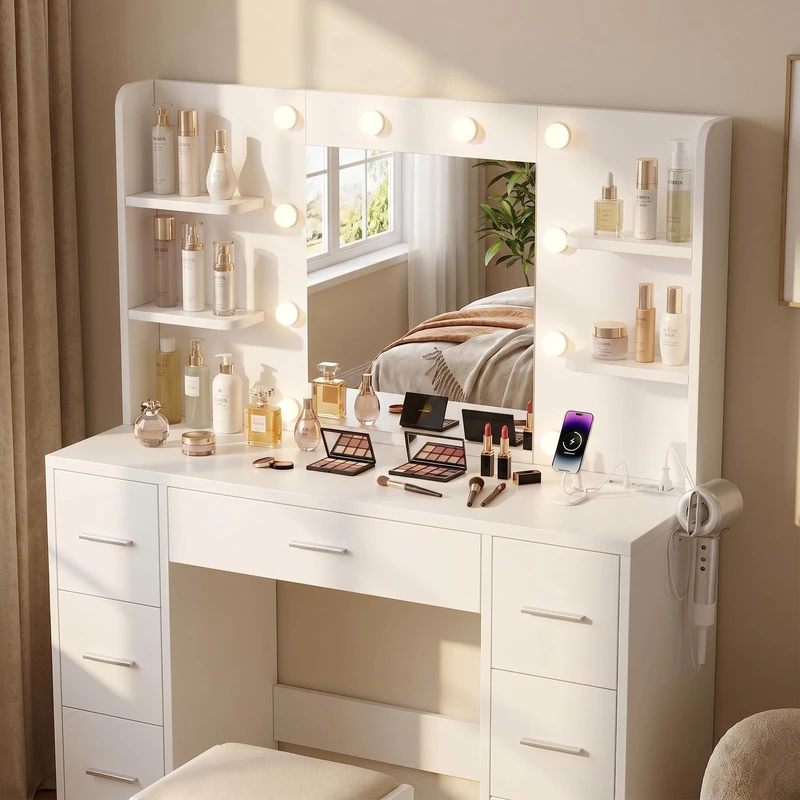 JUMMICO Large Dressing Table with Dimmable LED Lighting & Integrated Sockets, Dressing Table with Mirror and 7 Drawers, Modern Makeup Table for Bedroom, White - Image 1