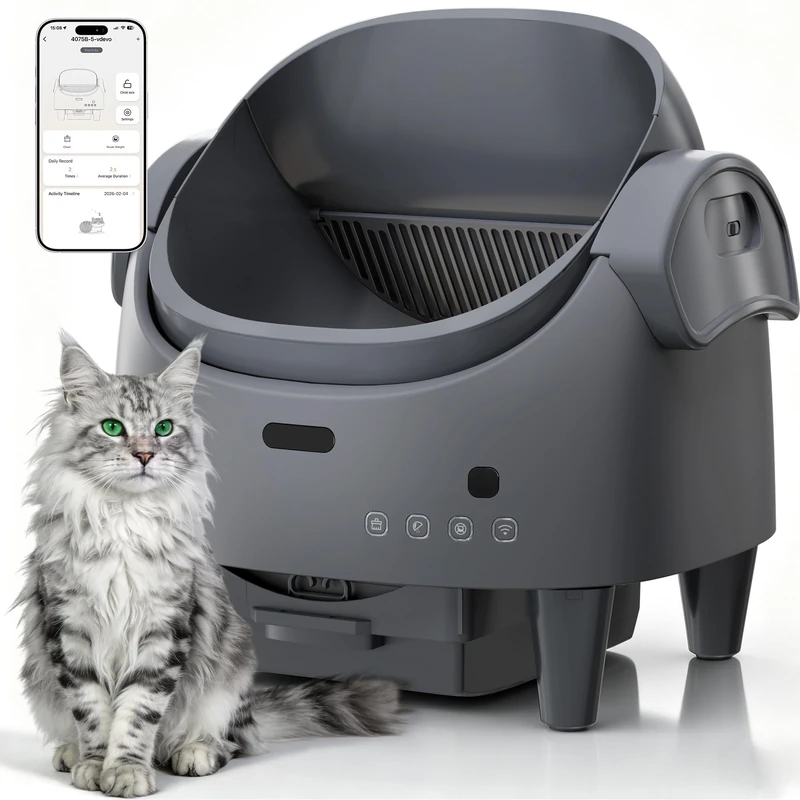 Garvee Large 13L Self-Cleaning Cat Litter Box with Open Design and Safety Sensors - App Control and Auto Mode for Homes with Multiple Cats - Cool Grey