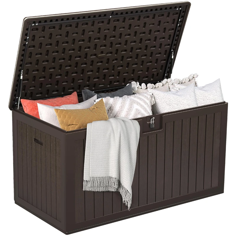 DWVO 567.8L Resin Outdoor Storage Box, Double-Wall Waterproof Deck Box with Wood Texture, Lockable Garden Storage that Doubles as Table or Bench (1000 lbs Capacity)–Brown - Image 1