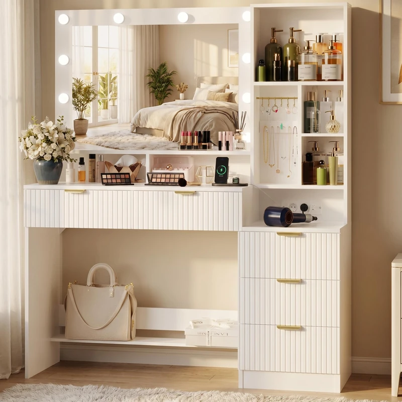 JUMMICO 114 cm Dressing Table with Large Mirror and LED Lighting, 5 Drawers, 7 Open Shelves and 7 Hanging Hooks, Cosmetic Table for Girls and Women, Bedroom Furniture, Glacier White - Image 1