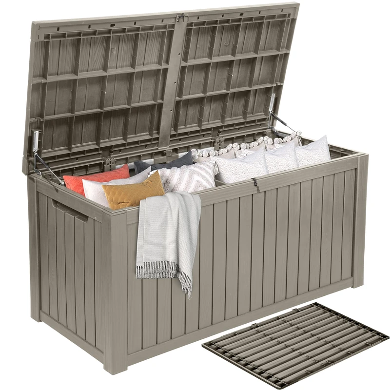 DWVO 680L Extra-Large Patio Garden Storage Box, Waterproof Resin Deck Box with Removable Divider, Outdoor Storage for Garden Furniture, Tools & Pool Accessories,Light Brown - Image 1