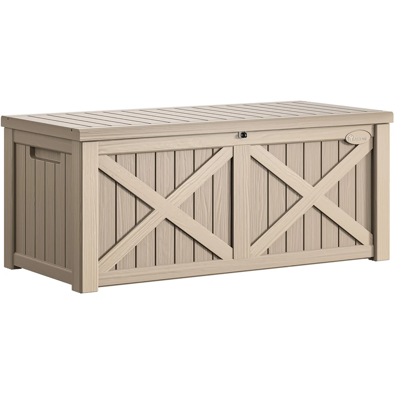 YITAHOME 450L Large Garden Outdoor Storage Box with X-Shaped Front, Waterproof Resin Deck Box Cushion Storage Bench for Patio, Pool Supplies, Garden Tools- Lockable, Taupe