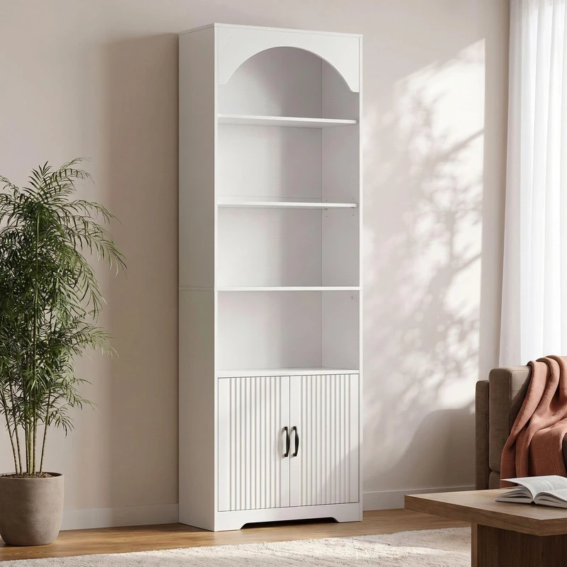 IRONCK Bookshelf with Doors, 180cm Tall Arched Bookcase and Bookshelves, 6-Tier Freestanding Display Book Shelf with 2 Hooks, Open Storage Shelf for Office, Living Room
