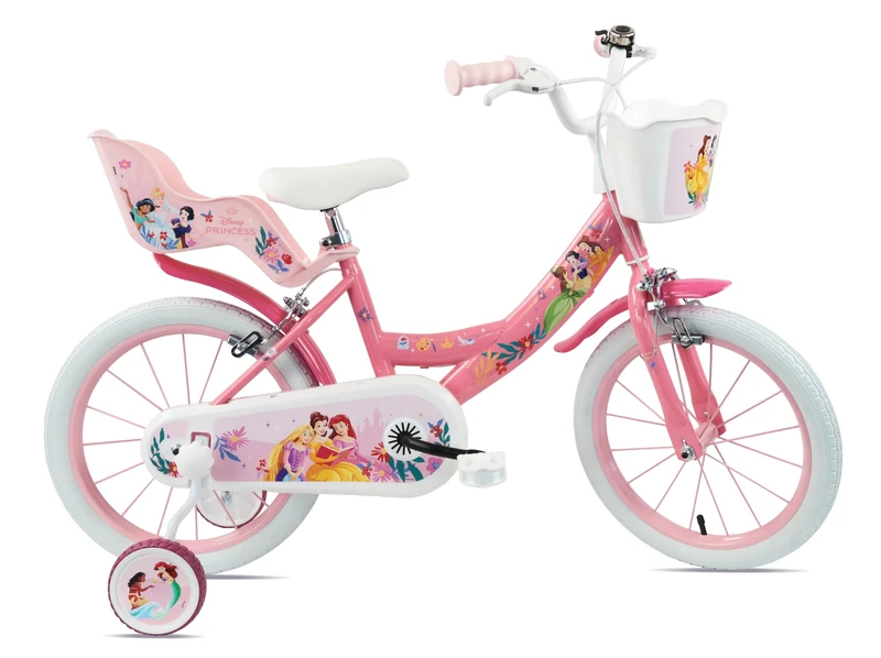 Disney Princess Girls Bike, 16 Inch, Pink, Steel Frame, with Training Wheels, Front Basket and Rear Carrier, Ages 5-8