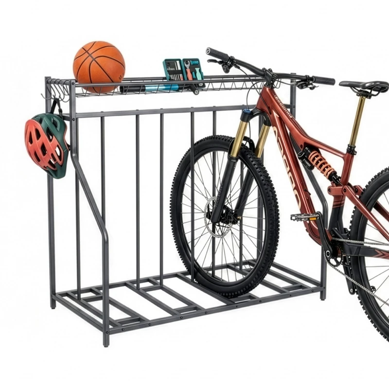 Relaxdays Floor Bike Stand for 4 Bikes, Adjustable Width, Basket & Hooks, 103.5x120x55cm, Anthracite