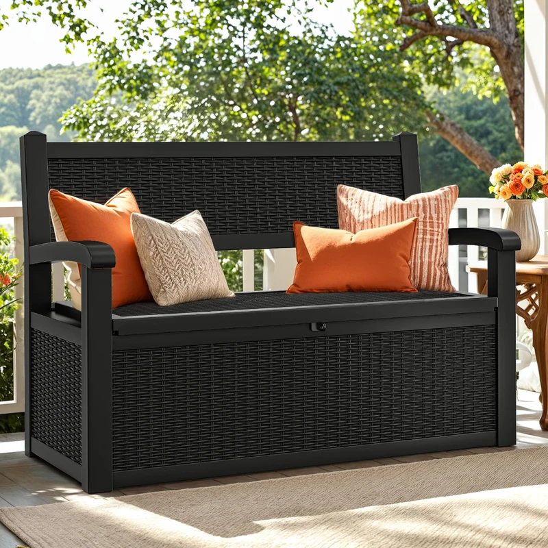 YITAHOME 265L Storage Bench Deck Box, Lockable Patio Garden Box, Weatherproof Outdoor Storage for Cushions, Tools & Pool Supplies – Black - Image 1