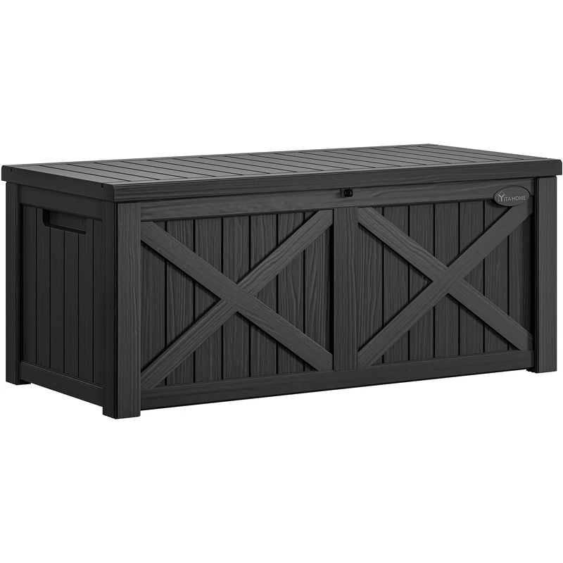 YITAHOME 450L Large Garden Outdoor Storage Box with X-Shaped Front, Waterproof Resin Deck Box Cushion Storage Bench for Patio, Pool Supplies, Garden Tools- Lockable, Black