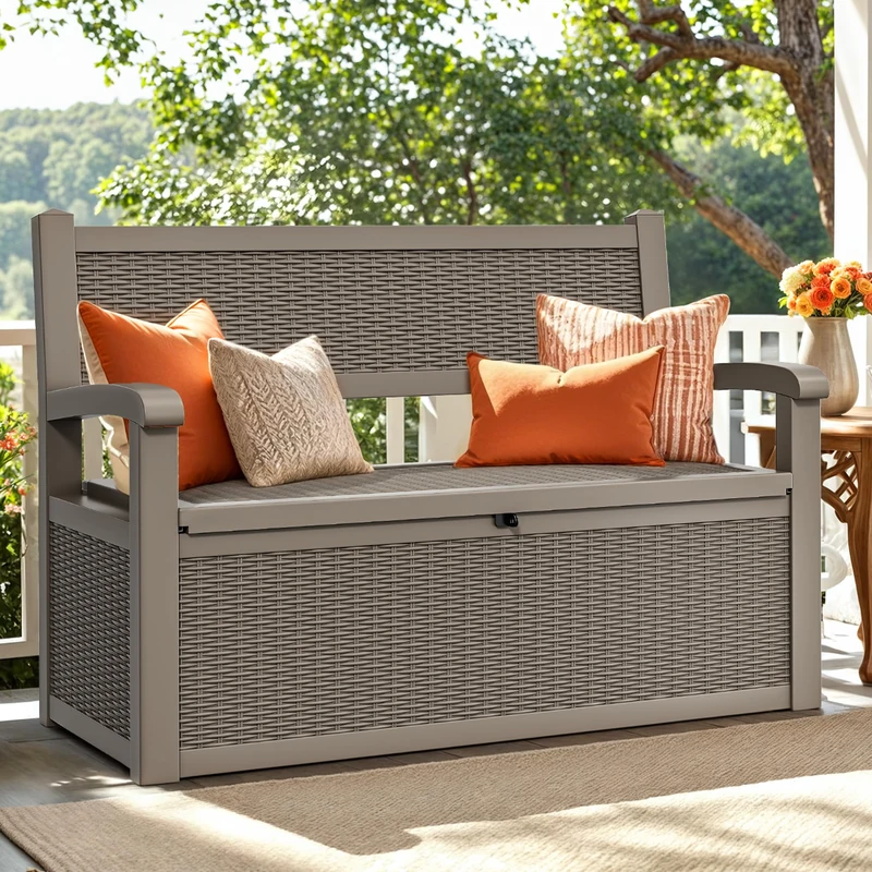 YITAHOME 265L Storage Bench Deck Box, Lockable Patio Garden Box, Weatherproof Outdoor Storage for Cushions, Tools & Pool Supplies – Light Brown - Image 1