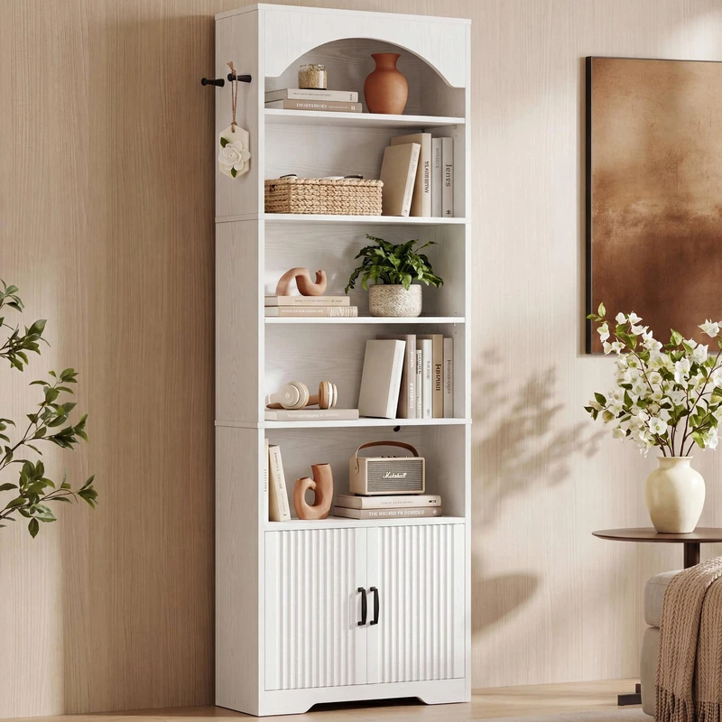IRONCK 210cm Bookshelf with Cabinet, 7 Tier Arched Bookcase, Extal Tall Bookshelves with Door, Freestanding Display Book Shelf with 2 Hooks and Doors, Open Storage Shelf for Living Room - Image 1