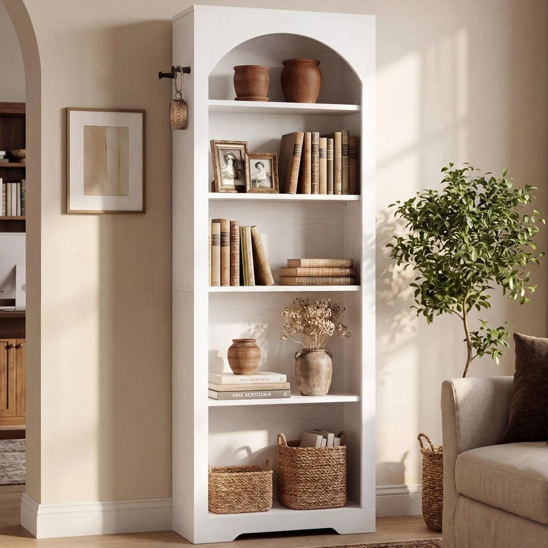 IRONCK 5-Tier Bookshelf, 180cm Tall Arched Bookcase and Bookshelves, Freestanding Display Book Shelf with 2 Hooks, Open Storage Shelf for Office, Living Room - Image 1