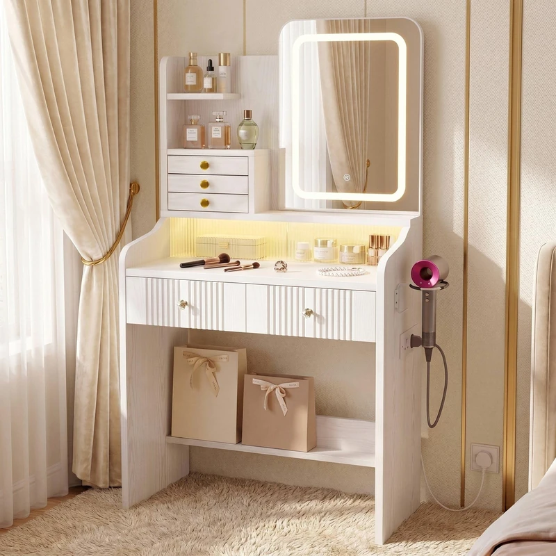 IRONCK Dressing Table with LED Mirror & RGB Lights, Makeup Vanity with Sliding Door Hidden Storage, Power Outlet, Hairdryer Holder, 5 Drawers Fluted Panel Vanity Table for Bedroom, 140×70×40cm White - Image 1