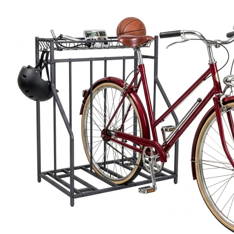 Relaxdays Floor Bike Stand for 3 Bikes, Adjustable Width, Basket & Hooks, Anthracite, 103.5 x 91 x 55 cm