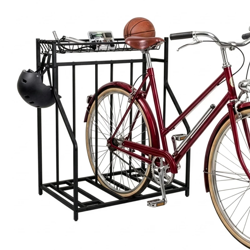 Relaxdays Multi-Bike Floor Stand for 3 Bikes, Adjustable Tire Width, Basket & Hooks, 103.5 x 91 x 55 cm, Black