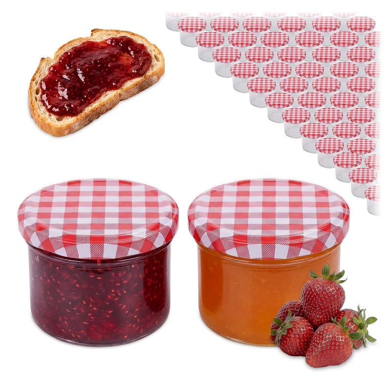 Relaxdays Preserving Jars Set of 100, 220ml, Twist-off Lids, Clear with Red-White Caps, 6.5x8.5x8.5cm