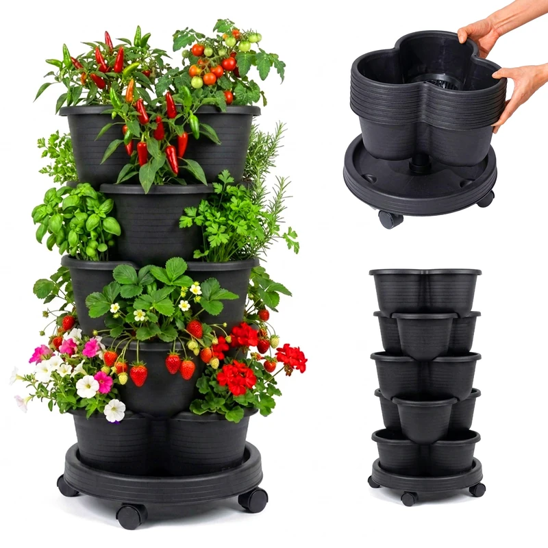 Relaxdays Plant Tower, vertical garden, on wheels, HxD: 66x33 cm, 5-tier strawberry tower, PP, black