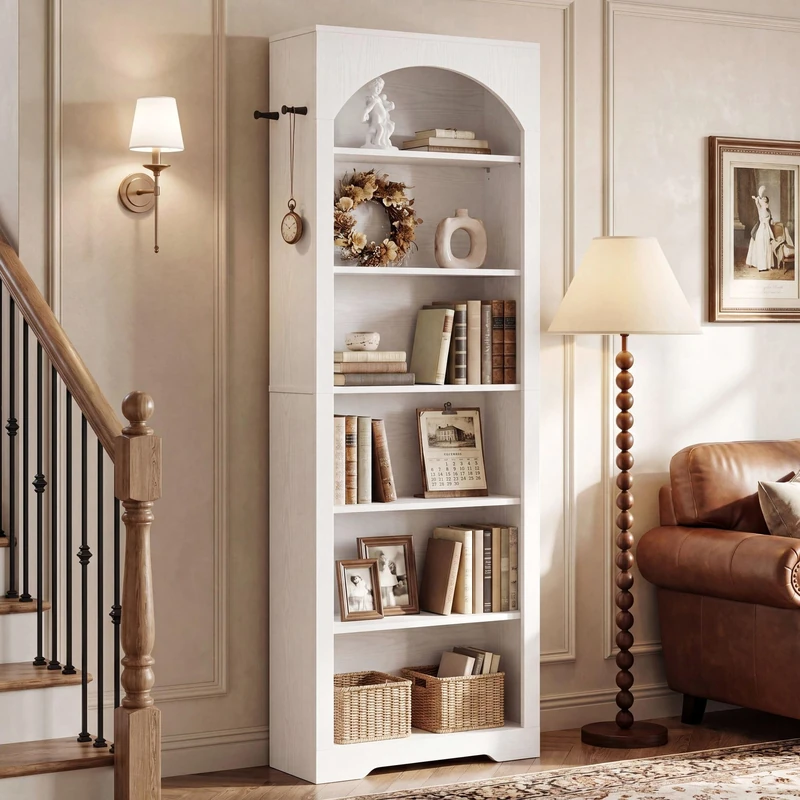 IRONCK 195cm Extra Tall Bookshelf, 6-Tier Arched Bookcase and Bookshelves, Freestanding Display Book Shelf with 2 Hooks, Open Storage Shelf for Office, Living Room - Image 1