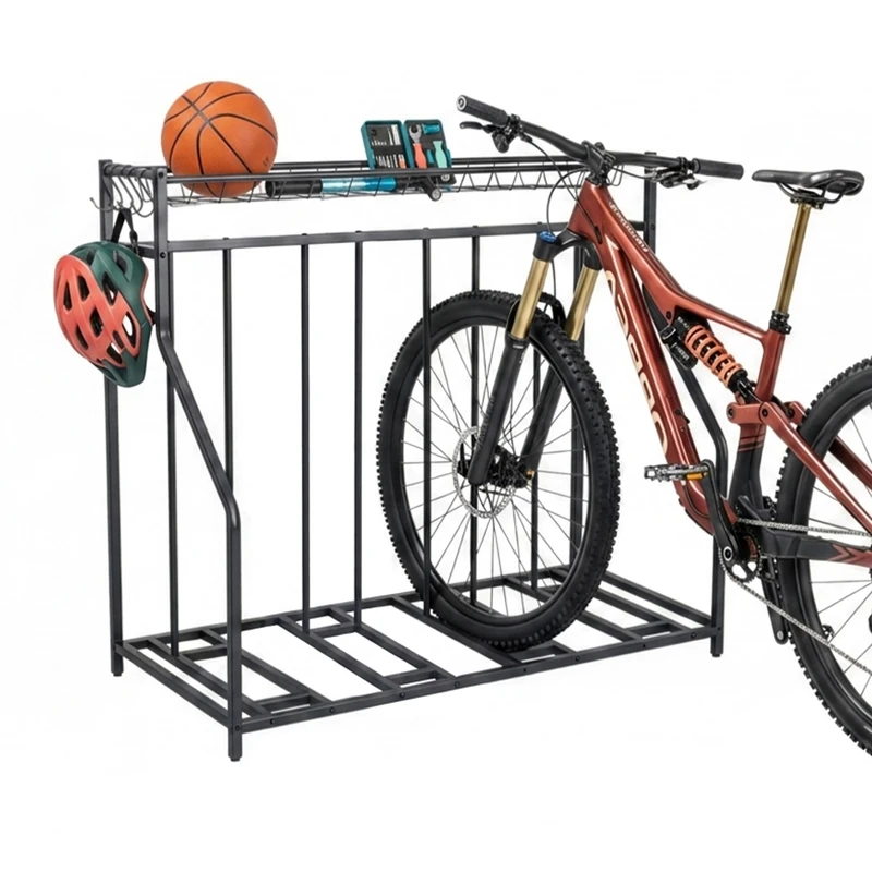 Relaxdays Floor Bike Stand for 4 Bikes, Adjustable Tyre Width 3–11 cm, Basket & 6 Hooks, Black, 103.5x120x55 cm