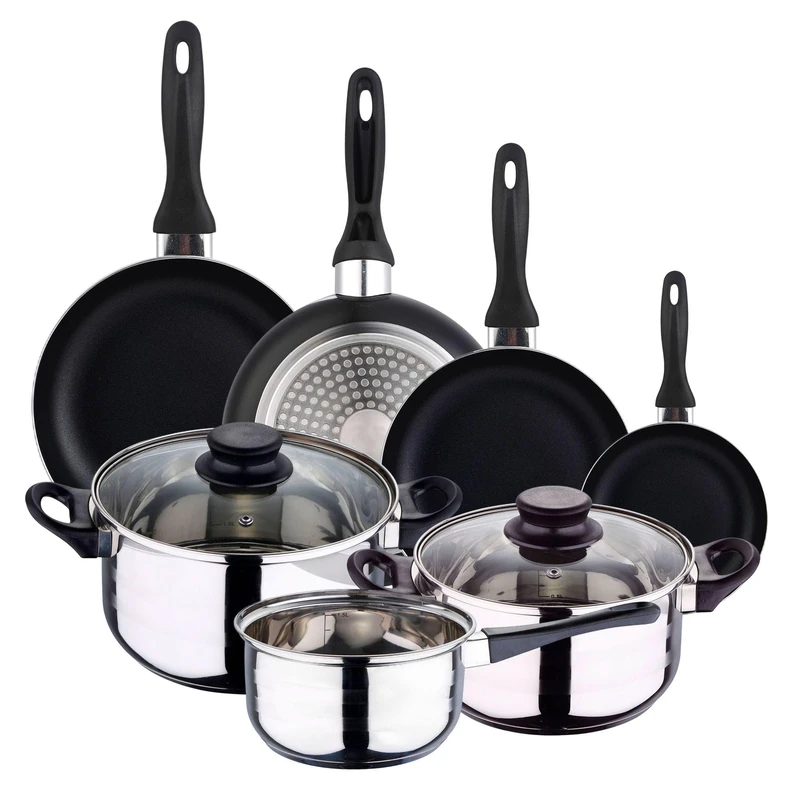 Well Home Pack 5 Piece Stainless Steel Cookware + Frying Pans Ø16Ø20Ø24Ø28cm Pressed Aluminium Black - Image 1