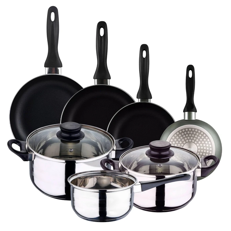 Well Home Pack 5 Piece Stainless Steel Cookware + Frying Pans Ø16Ø20Ø24Ø28cm Pressed Aluminium Metallic Grey