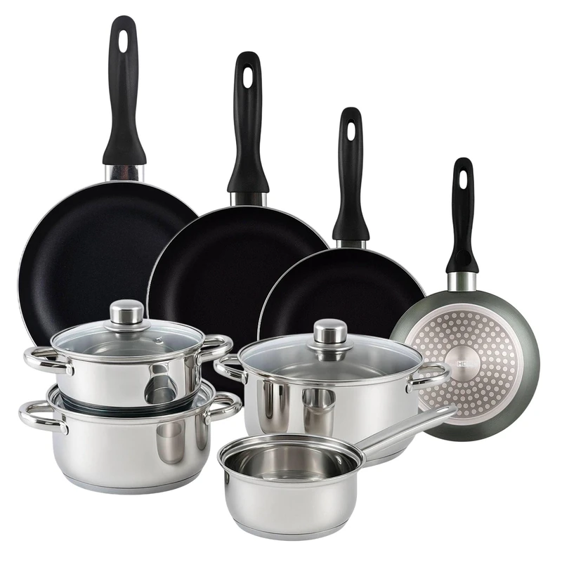 Well Home Pack 7 Piece Stainless Steel Cookware Set + Frying Pans Ø16Ø20Ø24Ø28cm Pressed Aluminium Metallic Grey