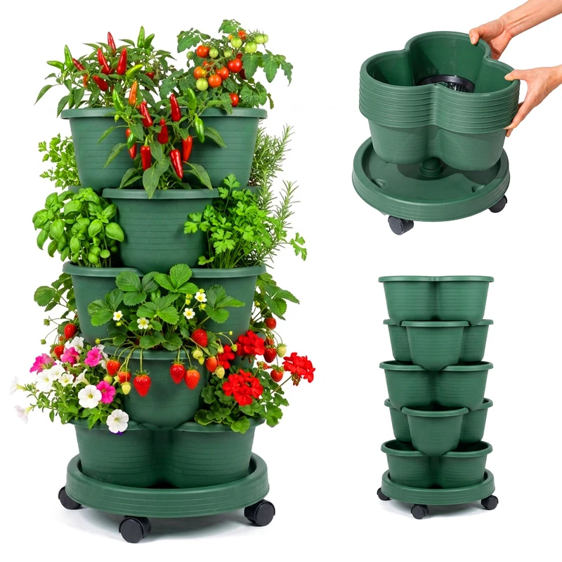 Relaxdays Plant Tower, vertical garden, stackable, on castors, HxD: 66x33 cm, 5-tier strawberry, PP, green - Image 1