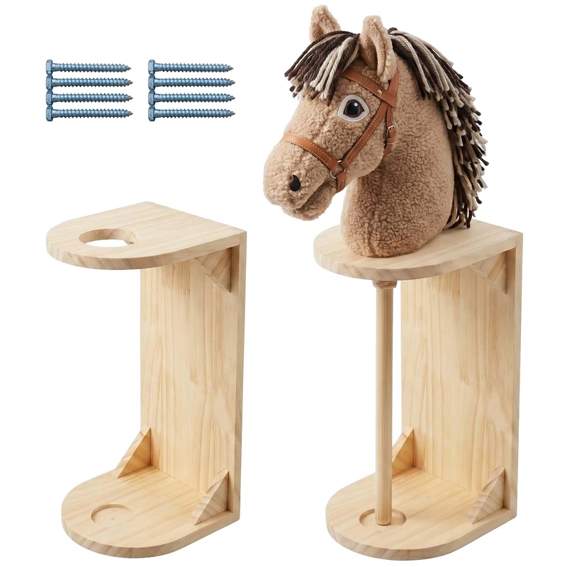 Relaxdays Horse Holders, Set of 2, Wall, Hobby Horse Storage, HBT: 35 x 15 x 15 cm, Rod Horse Stable, Wood, Natural