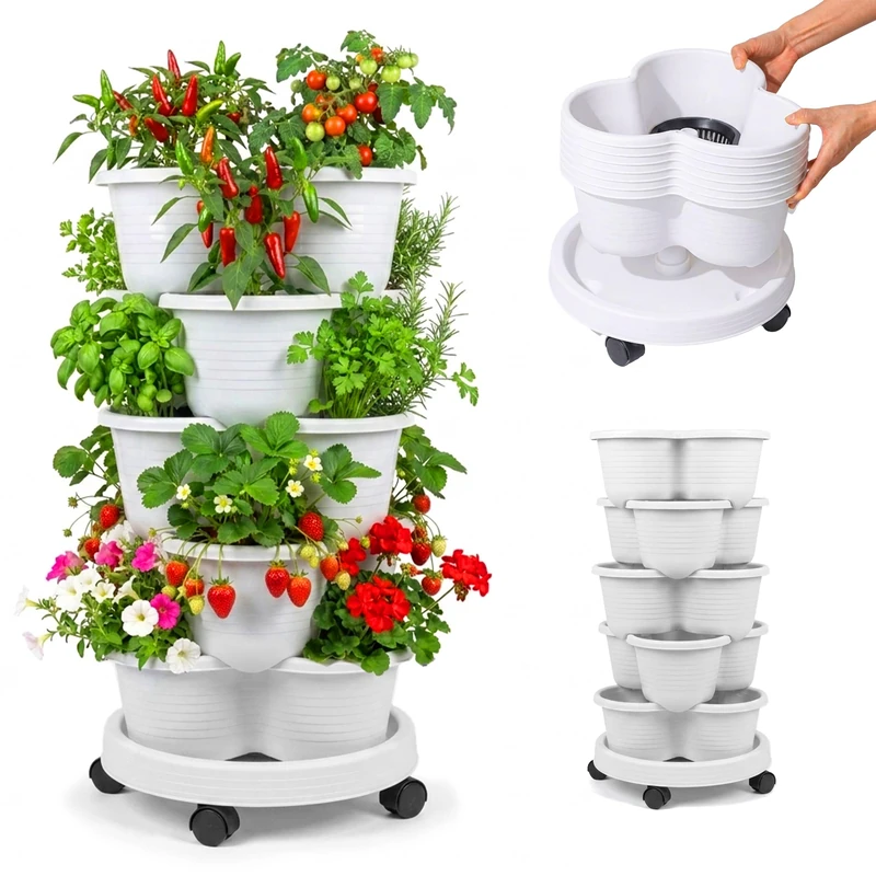 Relaxdays Plant Tower, stackable vertical garden on castors, HxD: 66x33 cm, 5-tier strawberry tower, PP, white - Image 1
