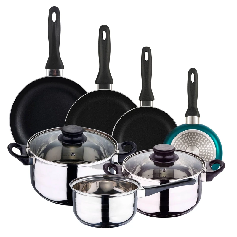 Well Home Pack 5 Piece Stainless Steel Cookware + Frying Pans Ø16Ø20Ø24Ø28cm Pressed Aluminium Blue Metallic - Image 1