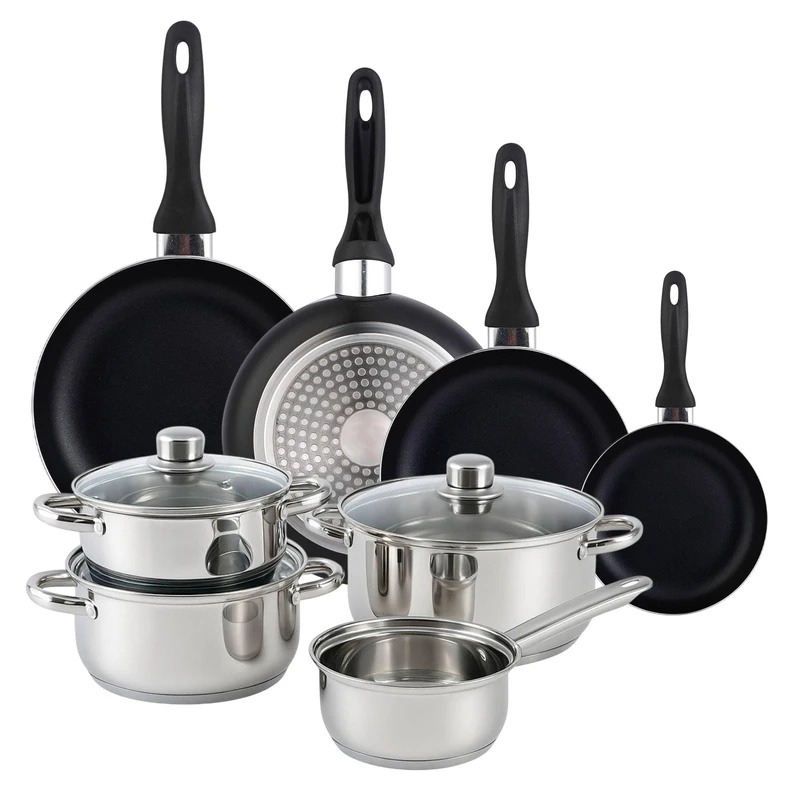 Well Home Pack Cookware Set 7 Pieces in Stainless Steel + Frying Pans Ø16Ø20Ø24Ø28cm Pressed Aluminium Black - Image 1