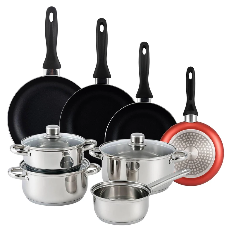 Well Home Pack 7 Piece Stainless Steel Cookware Set + Frying Pans Ø16Ø20Ø24Ø28cm Pressed Aluminium Copper Metallic - Image 1
