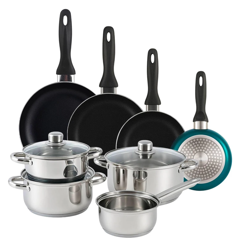 Well Home Pack 7 Piece Stainless Steel Cookware Set + Frying Pans Ø16Ø20Ø24Ø28cm Pressed Aluminium Blue Metallic - Image 1