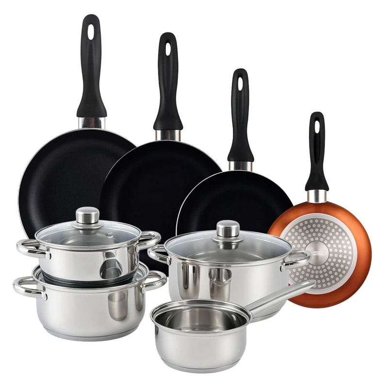 Well Home Pack 7 Piece Stainless Steel Cookware Set + Frying Pans Ø16Ø20Ø24Ø28cm Pressed Aluminium Metallic Bronze - Image 1