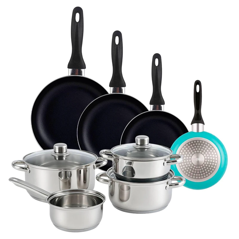 Well Home Pack 7 Piece Stainless Steel Cookware Set + Frying Pans Ø16Ø20Ø24Ø28cm Pressed Aluminium Sky Blue - Image 1