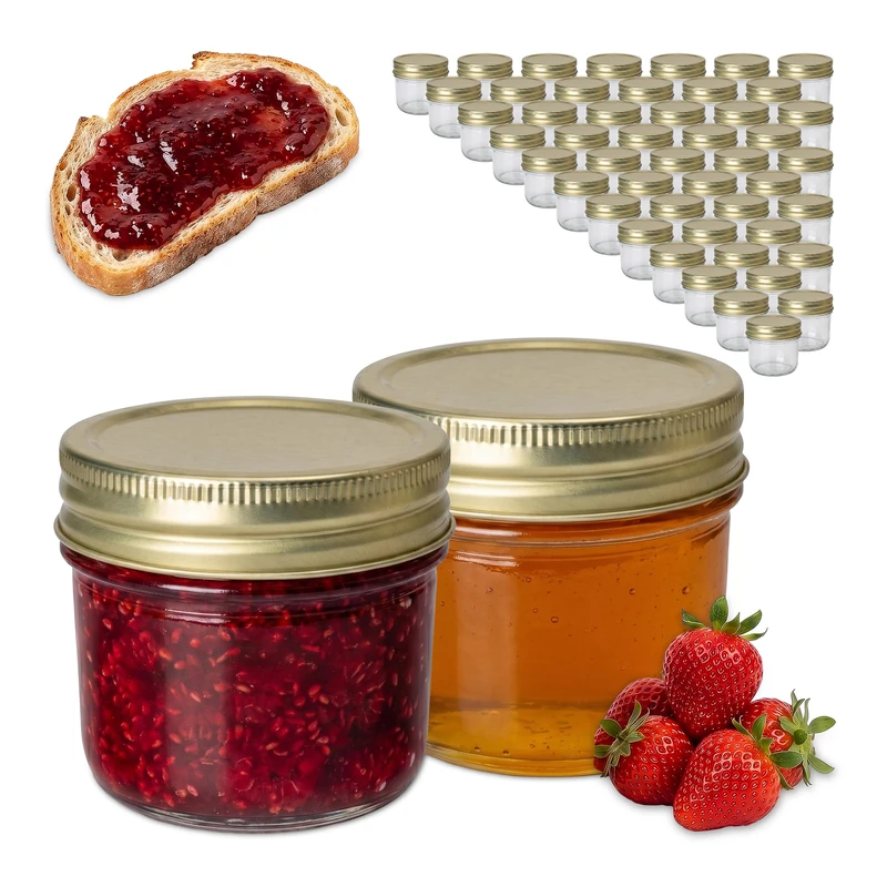 Relaxdays preserving jars, set of 50, 120 ml, twist-off lids, jam jars, clear/gold