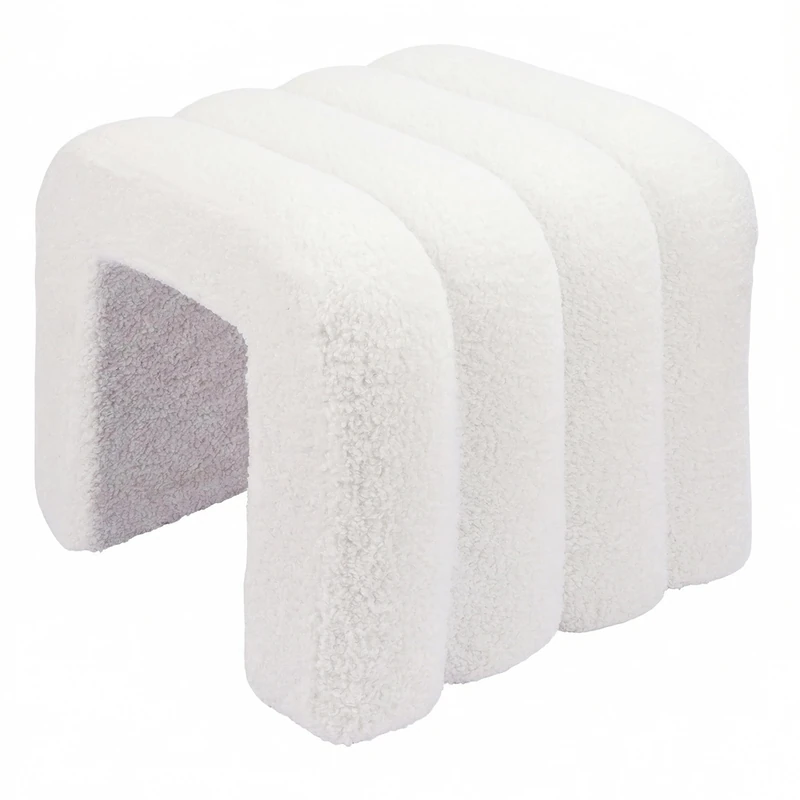 Relaxdays Teddy Fur Footstool, Upholstered Bouclé Stool, 40x40x40 cm, Ribbed, White, Bedroom & Living Room