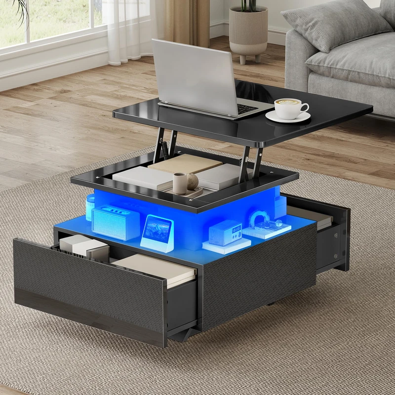 DWVO Lift Top Coffee Table with LED Lights, Modern Black High Gloss Cocktail Table with Adjustable Height, Storage Drawers & Shelves for Living Room, 60 x 60 x 45-58 cm