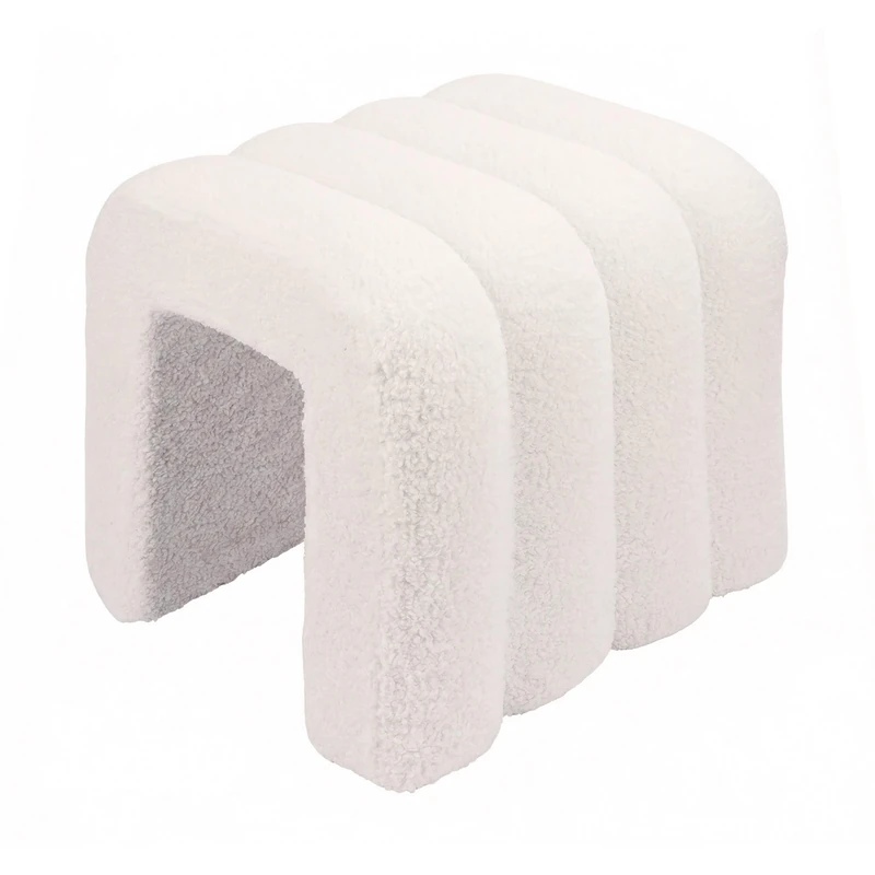 Relaxdays Teddy Fur Footstool, Upholstered Bouclé, 40x40x40 cm, Ribbed, Cream, Bedroom & Living Room Essentials