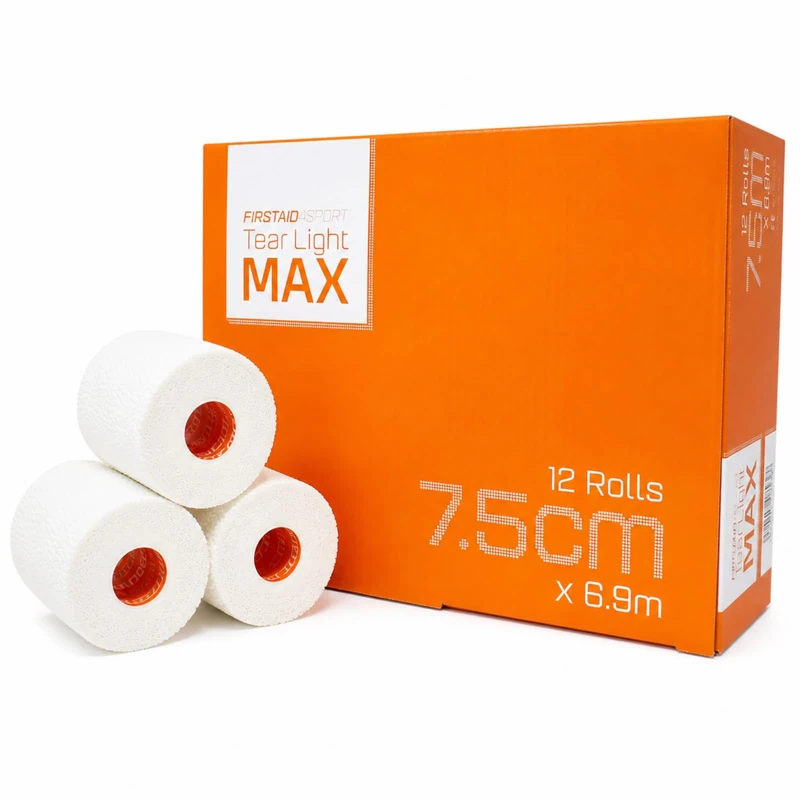 Firstaid4sport 12 x Rolls White Tear Light MAX EAB Tape 7.5cm x 6.9m – Extra Long Tearable Elastic Adhesive Bandage for Rugby, Joint Support, Compression, Wrist, Thumb & Ankle Taping