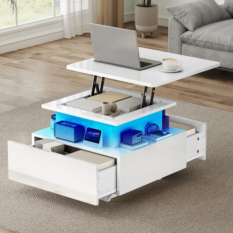 DWVO Lift Top Coffee Table with LED Lights, Modern White High Gloss Cocktail Table with Adjustable Height, Storage Drawers & Shelves for Living Room, 60 x 60 x 45-58 cm - Image 1