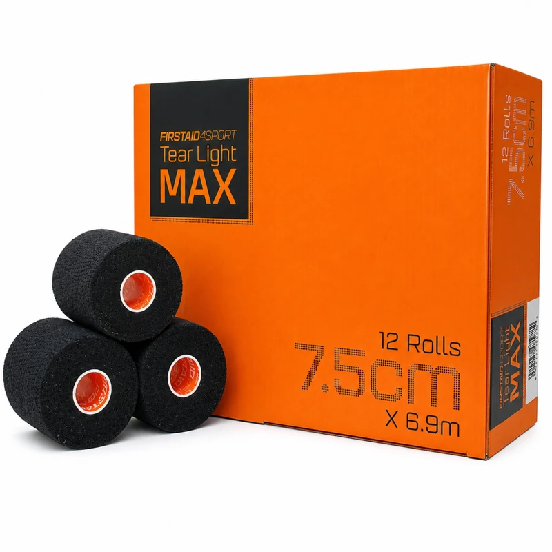 Firstaid4sport 12 x Rolls Black Tear Light MAX EAB Tape 7.5cm x 6.9m – Extra Long Tearable Elastic Adhesive Bandage for Rugby, Joint Support, Compression, Wrist, Thumb & Ankle Taping