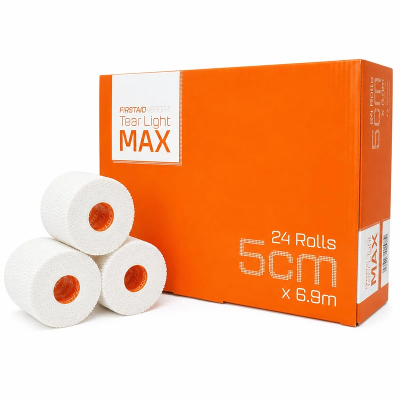 Firstaid4sport 24 x Rolls White Tear Light MAX EAB Tape 5cm x 6.9m – Extra Long Tearable Elastic Adhesive Bandage for Rugby, Joint Support, Compression, Wrist, Thumb & Ankle Taping
