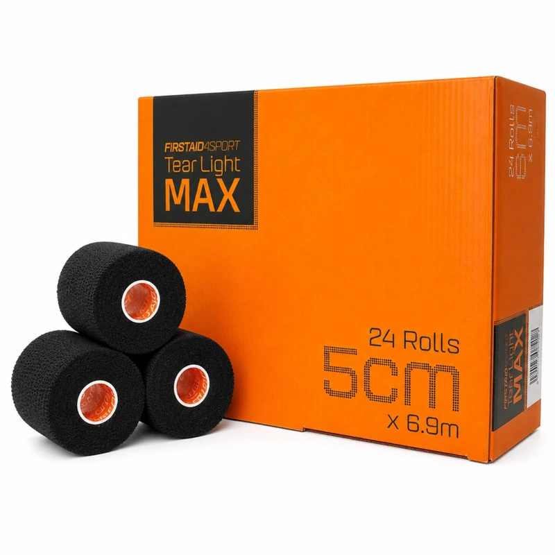 Firstaid4sport 24 x Rolls Black Tear Light MAX EAB Tape 5cm x 6.9m – Extra Long Tearable Elastic Adhesive Bandage for Rugby, Joint Support, Compression, Wrist, Thumb & Ankle Taping